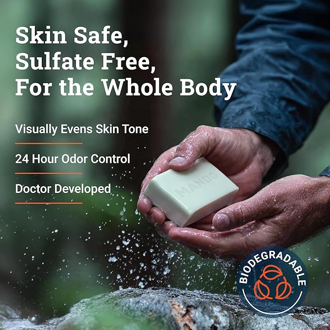 Mando Acidified Cleansing Bar - 24-Hour Odor Control - Removes Odor Better than Soap - Moisturizing Formula - SLS Free, Paraben Free - Safe For Sensitive Skin - Pro Sport