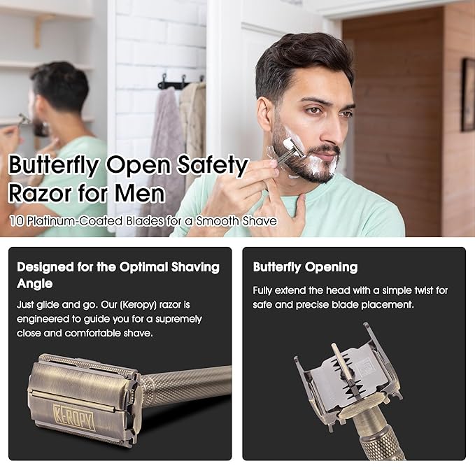 Premium Brass Double Edge Safety Razor Kit - Luxury Christmas Gifts for Him, Dad, Boyfriend - Heavy, Anti-Rusted Shaver, Perfect Holiday Stocking Stuffer for a Classic Wet Shave - Bronze