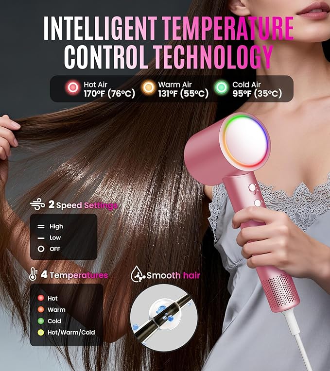 16W RPM High-Speed Hair Dryer for Fast Drying, Quiet lonic Blow Dryer with Frizz Control & No Heat Damage, Lightweight Travel Hair Dryer with Magnetic Nozzles for Curly & Straight Hair (Pink)