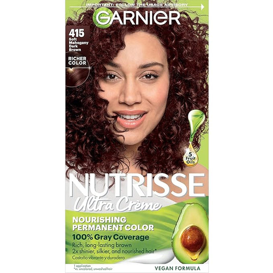 Garnier Hair Color Nutrisse Nourishing Creme, 415 Soft Mahogany Dark Brown (Raspberry Truffle) Permanent Hair Dye, 1 Count (Packaging May Vary)
