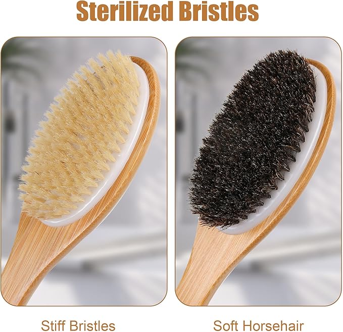 OWIIZI Horsehair Bath Brush Bamboo Curved Long Handle Antiskid Body Brush for Exfoliating, Natural Mane Shower Scrubber for Back Use Wet or Dry,Back Scrub Deep Cleanse-17.9inches