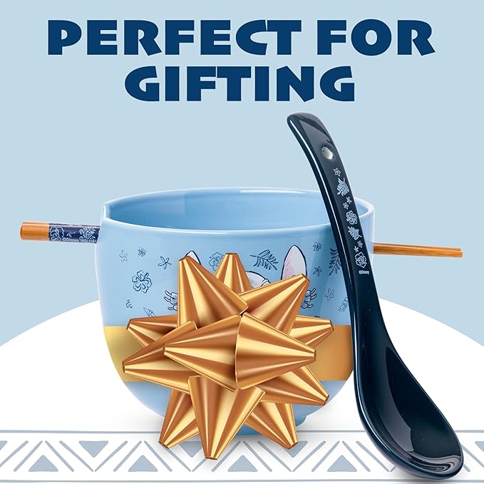 Silver Buffalo Disney Lilo and Stitch Hands Up Leaves and Flowers Ceramic Ramen Noodle Rice Bowl with Chopsticks and Spoon, Microwave Safe, 20 Ounces