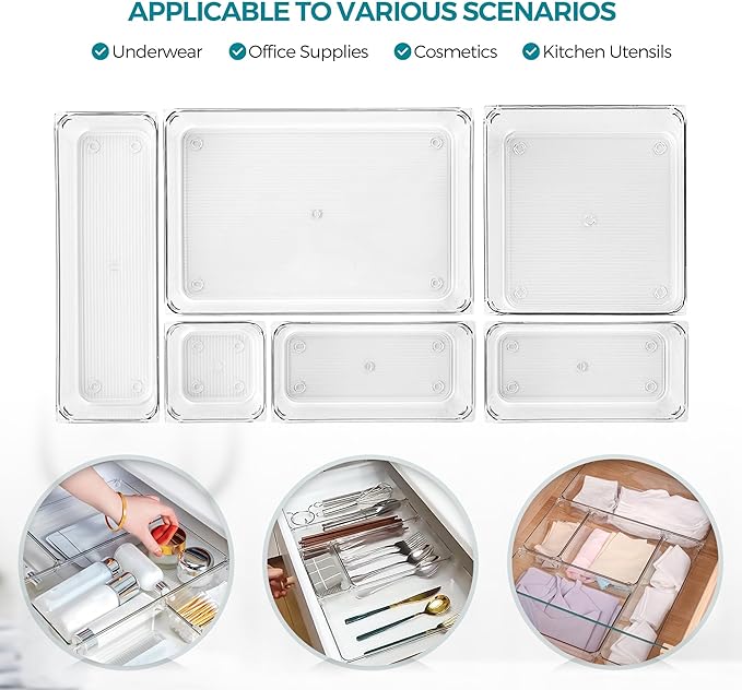 6 Pack Drawer Organizer - 3" X 6" Clear Acrylic Storage Bins with Non-Slip Pads, Versatile Desk Tray for Makeup, Jewelry, Kitchen, Bathroom, and Office Organization