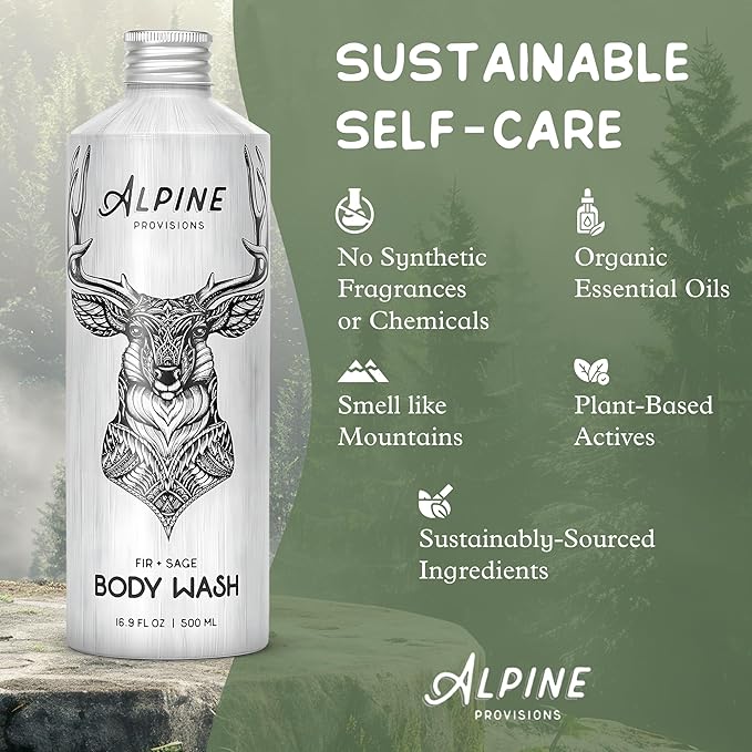 Alpine Provisions Natural Fir & Sage Moisturizing Body Wash – Refreshing with Essential Oils, Aloe Vera & Coconut Oil – Vegan, Sulfate-Free, Plastic-Free Aluminum Bottle – 16.9 FL Oz