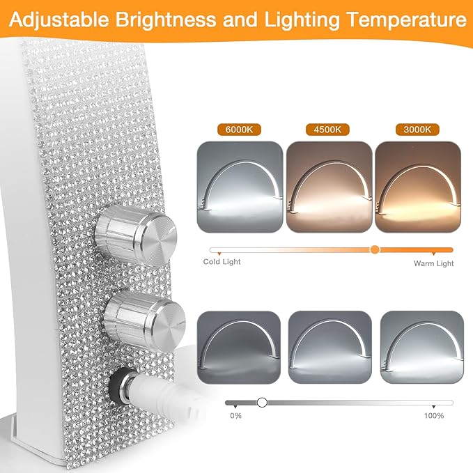 IMENE Half Moon Light for Nail Desk, 29in Nails Desk Lamp, 3000-6000k Moon Lamps Perfect LED Manicure, Lash Light for Table (White Rhinestone)