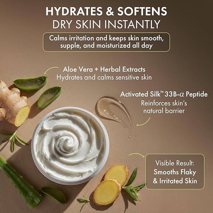 Hydrating Silk Peptide Body Butter - Lightweight Non-Greasy Moisturizer with Aloe Vera, Vitamin E & Herbal Extracts for Dry, Rough, and Sensitive Skin - Deep Nourishment Body Glaze & Hydration