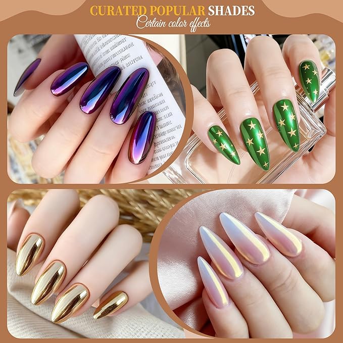 Artdone 16 Colors 0.5gram Chrome Nail Powder, Iridescent Aurora Chameleon Powder Metallic Mirror Effect Pigment Pearlescent Mermaid Pearl Glitter Dust Kit, Nail Art Decoration, Resin Craft