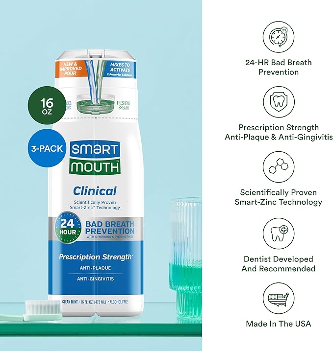 SmartMouth DDS Activated Clinical Mouthwash - for Fresh Breath - Clinical Strength Mouthwash for Gum Health, Gingivitis & More - Clean Mint Flavor, 16 fl oz (3 Pack)