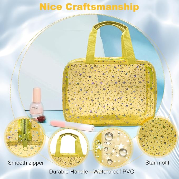 Clear Yellow Star Large Makeup Bag with Star Pattern 12x5x8 inch, Travel Cosmetic Bag with Handle, Durable PVC Material Washbag Zipper Opening Design for Makeup Travel Organizer or Gym Use