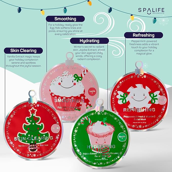 SpaLife Beauty Stocking Stuffers Christmas Face Mask Bundle | Korean Facial Masks | Hydrating, Smoothing, Refreshing and Clarifying Sheet Mask Set | Christmas Stocking Stuffers for Women | 12 Pack