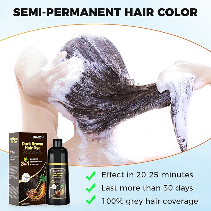 JUANCHI Dark Brown Hair Dye Shampoo 3 in1, Dark Brown Shampoo Hair Dye for Gray Coverage, Natural Hair Color for Women Men, Herbal Formula, Ammonia-free, Lasts 30 Days, 500ml (16.90 oz)