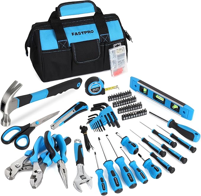 FASTPRO 220-Piece Home Tool Set, Household Repairing Tool Kit with 12-Inch Wide Mouth Open Storage Tool Bag, Blue