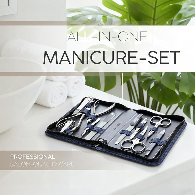 Manicure Set Women and Men – 12-Piece Professional Grooming Kit with Premium Tools, Artificial Leather Case, and exclusive Glass Nail File for Hand & Foot Care, German Quality