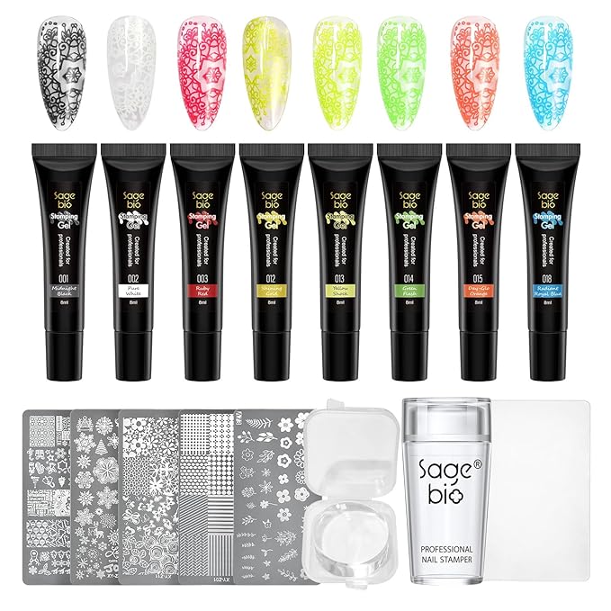 8 Colors Nail Stamping Polish Gels +5Pcs Stamp Print Templates+A set of Stamper with Scraper, Stamping Nail Polish Art Set Manicure Gift Collection