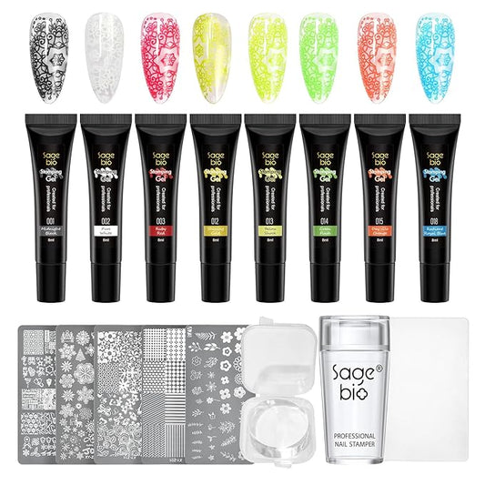 8 Colors Nail Stamping Polish Gels +5Pcs Stamp Print Templates+A set of Stamper with Scraper, Stamping Nail Polish Art Set Manicure Gift Collection