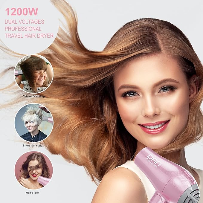 DAN Technology Travel Hair Dryer,Dual Voltage HairDryer,Mini Blow Dryer with Concentrator,Small Hair Dryer with Diffuser,European hairdryer with European Plug,Pink Blow Dryer for Women