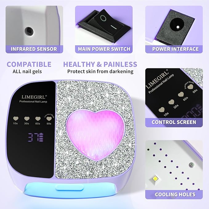 LIMEGIRL UV LED Nail Lamp Kit for Gel Polish Professional Fast Curing Purple Dryer Light Set with 4 Timer Settings Cordless Rechargeable Nail Art Cure Machine for Manicure Pedicure at Home and Salon