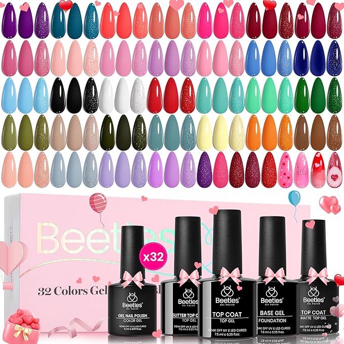 beetles Gel Polish Christmas Gel Nail Polish Set 32 Winter Colors with Base Top Coat Burgundy Red Blue Purple Brown Orange Green Pink Black White Uv LED Lamp Nails Gifts for Women Fingertip Palette