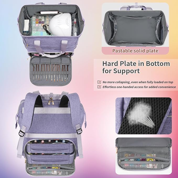 Nail Polish Organizer Case Backpack Holds 70 Bottles (15ml/0.5fl.oz) & Nail Lamp, 2 Layers Detachable Nail Kit Storage Case, Large Travel Nail Supplies Shoulder Bag for Manicure Tools (Purple)