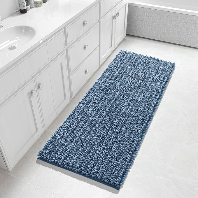 Yimobra Bathroom Runner Rug 55x24 Inch - Extra Long Non Slip Chenille Bath Mat, Soft & Absorbent, Machine Washable Shaggy Hallway Carpet for Vanity Tub Shower, Denim Blue Home Decor Accessories