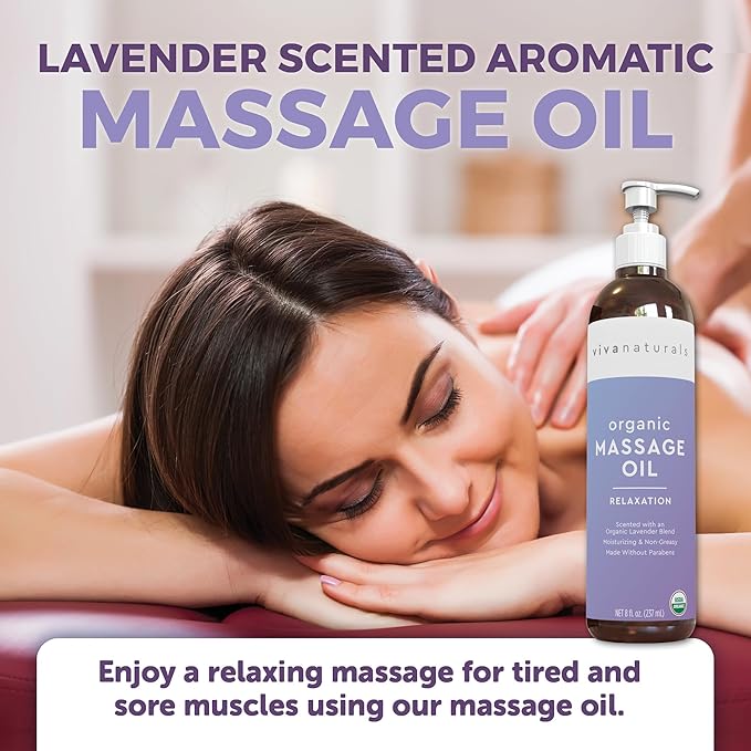 Viva Naturals Organic Massage Oil, Lavender Scented, 8 fl oz (237 mL) – Non-Greasy, Certified Organic Massage Therapy Oils