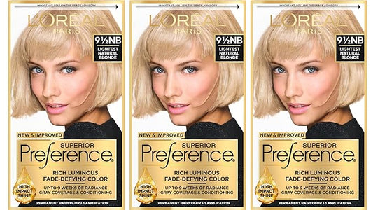 L'Oreal Paris Superior Preference Luminous Fade-Defying Permanent Hair Color, Hair Dye For Up to 9 Weeks of Radiance, Lightest Natural Blonde 9.5NB, 1 Hair Dye Kit (Pack of 3)