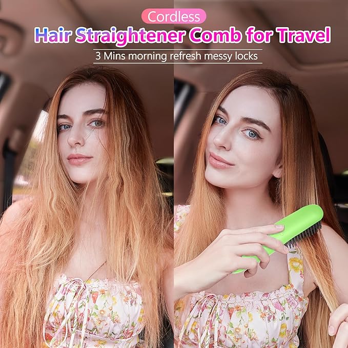 LCD Screen Cordless Hair Straightener Curler 2 in 1, Portable Mini Hair Straightening Brush for Travel Negative Ionic Fast Heating Hot Comb for Women, Folding Brush with Mirror, Green
