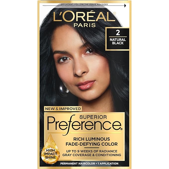 L'Oreal Paris Superior Preference Luminous Fade-Defying Permanent Hair Color, Hair Dye For Up to 9 Weeks of Radiance, Natural Black 2, 1 Hair Dye Kit