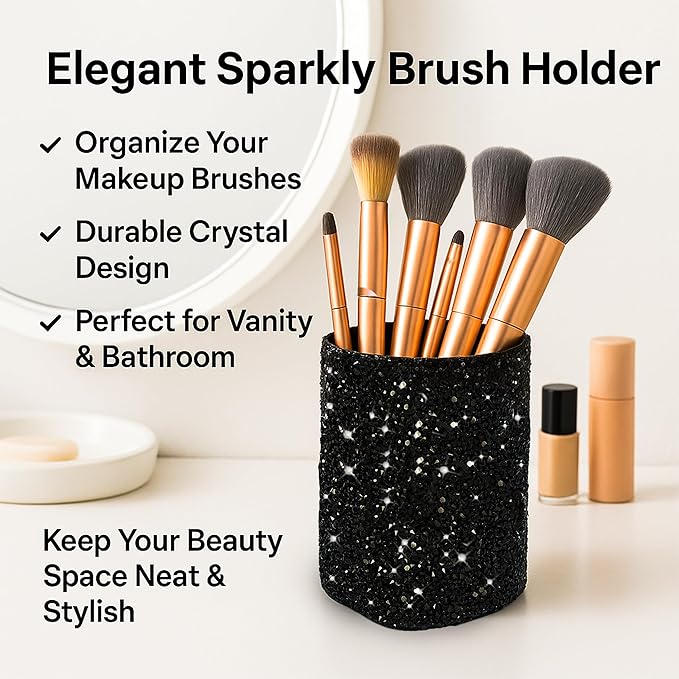 Glitter Brush Holder | Black Glitter Makeup Brush Holder for Women, Girls | Shiny Cute Makeup Organizer Black Glittery Appearence | Comb Organizer & Hair Accessory Organizer for Girls