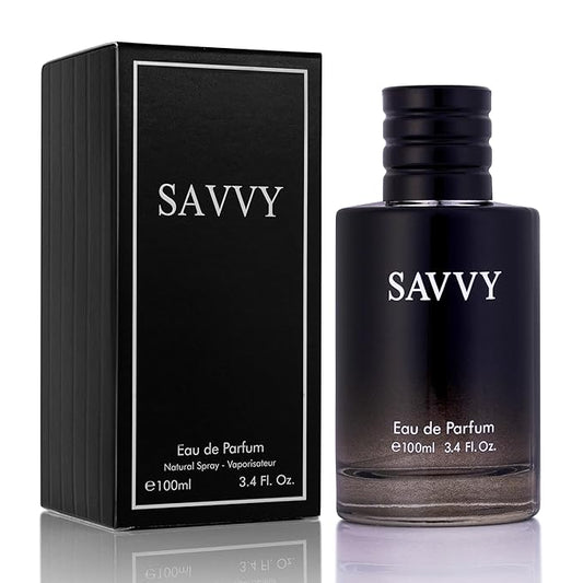 Savvy for Men Eau De Parfum - Sophisticated Male Fragrance Composition of bergamot, Pepper, Lavender, Star Anise & Nutmeg - Base of Peppery & Vanilla - Go-To Daily Scent - Elegant 100ml Bottle