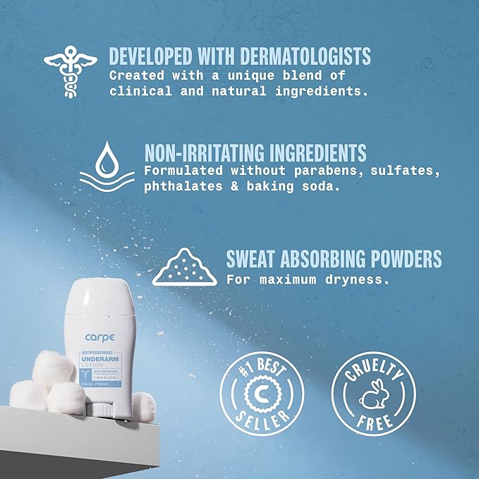 Carpe Underarm Antiperspirant and Deodorant, Clinical strength with Fresh Powder scent, Combat excessive sweating Stay fresh and dry, Great for hyperhidrosis (Pack of 3)