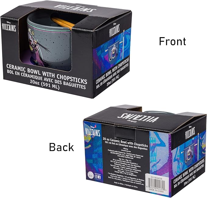 Silver Buffalo Disney Villains Featuring Ursula, Evil Queen, and Yzma Cooking Up Trouble Ceramic Ramen Noodle Rice Bowl with Chopsticks, Microwave Safe, 20 Ounces