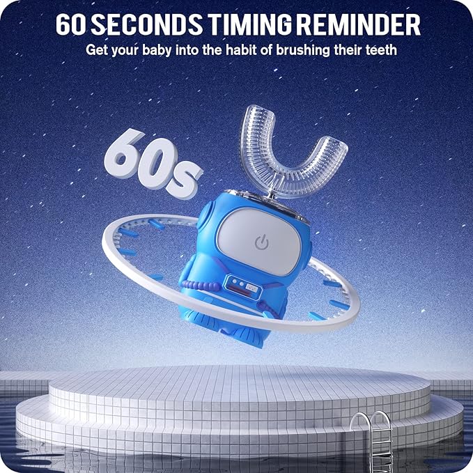 RexCodar Ultrasonic Kid's U-Shaped Electric Toothbrush, IPX7 Waterproof, Five Cleaning Modes, 60S Smart Reminder (Navy Blue, Ages 6-12)