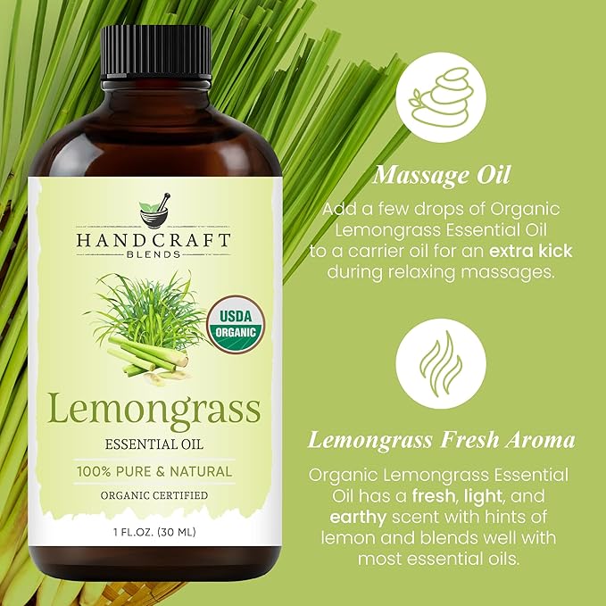 Handcraft Blends Organic Lemongrass Essential Oil – 1 Fl Oz – 100% Pure and Natural – Premium Grade Essential Oil for Diffuser and Aromatherapy