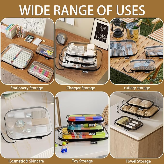 3 PCS Clear Hard Shell Zipper Case With Handle Strap，Clear Plastic Waterproof Cosmetic Makeup Bags Toiletry Pouches for Travel With Double Zipper，Kid's Toy Storage Organizer Bins Box