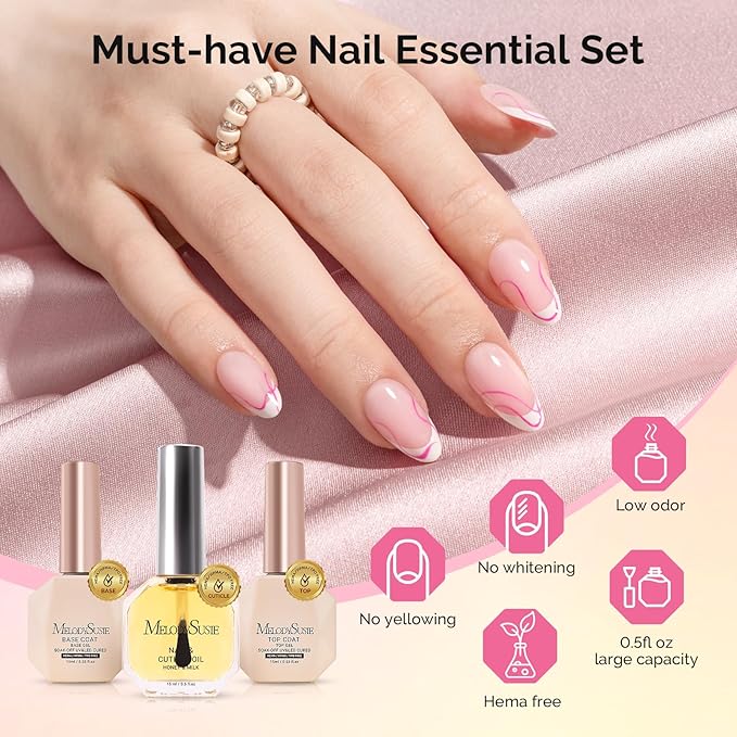 MelodySusie Hema Free Top Coat Base Coat Cuticle Oil Set Long Lasting Shine Finish Soak Off UV LED Nail Lamp Nail Art Design Manicure Kit Perfect Gifts for Women Girls 3 Pcs 15ml