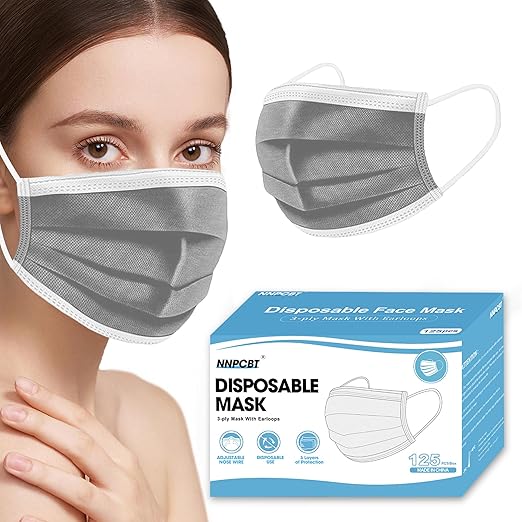 NNPCBT Grey Disposable Face Masks 125 Pack,3-Ply Breathable Mask For Adults,Great For Outdoors,Home, Office, School