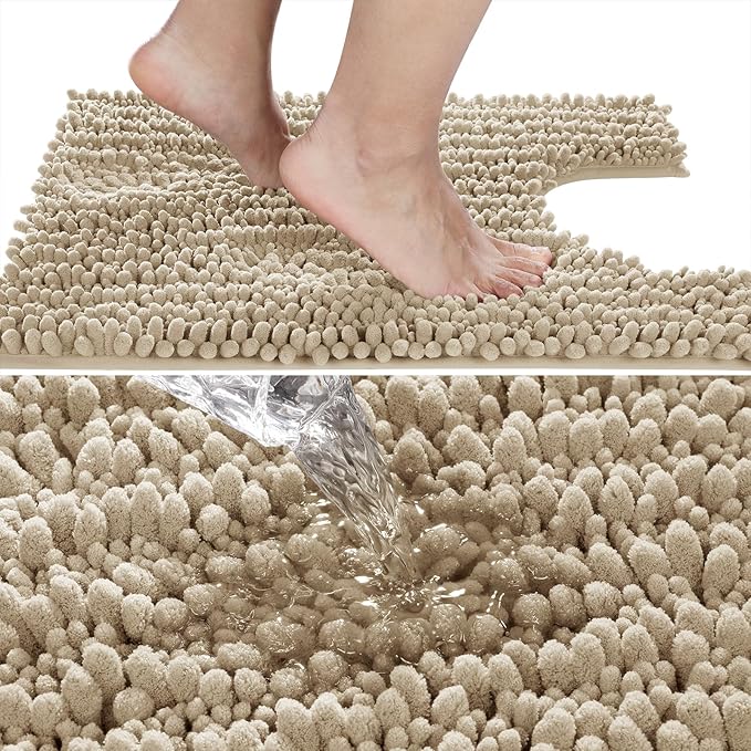 Yimobra Toilet Rug U Shaped Washable 24x20 Inch - Ultra Soft Absorbent Chenille Bath Rugs for Toilet, Quick Dry & Machine Washable, Non Slip Contour Bathroom Mat, Camel