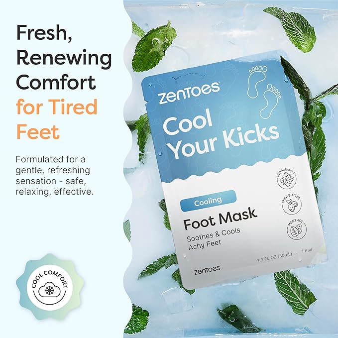 ZenToes Cooling Foot Mask - Hydrating Peppermint & Shea Butter Sheet Masks with Menthol for Soothing Tired, Achy, Dry Feet - Spa Treatment at Home, Paraben & Sulfate Free, 3 Pairs