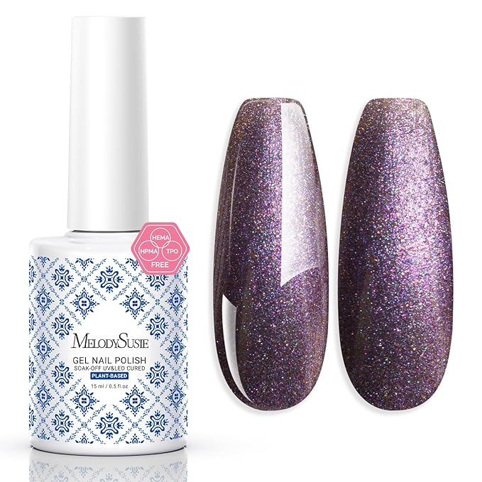 MelodySusie Fleurwee Plant Based Gel Nail Polish, Nail Polish Hema Free 21 Non Toxic Long Lasting No Chip Finger Toe Nail Art Manicure Salon DIY at Home Gifts for Women Glitter Purple P60