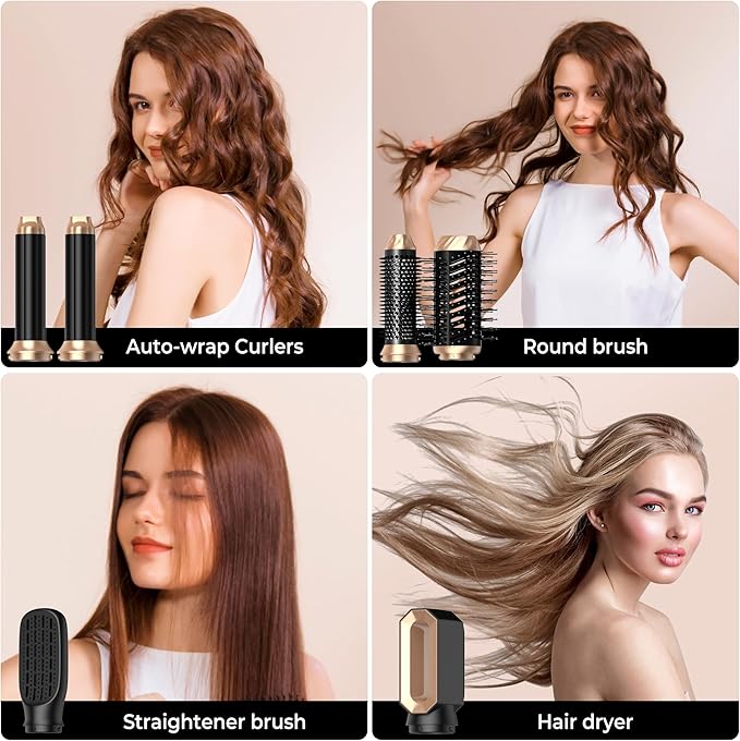 6 in 1 Hair Dryer Brush, Upgrade Detachable Blow Dryer Brush Air Styler Wrap Air Curler, Curly Twist Hot Curling Iron, Negative Ion Blow Dryer Hot Styler, Travel Hair Styling Tool