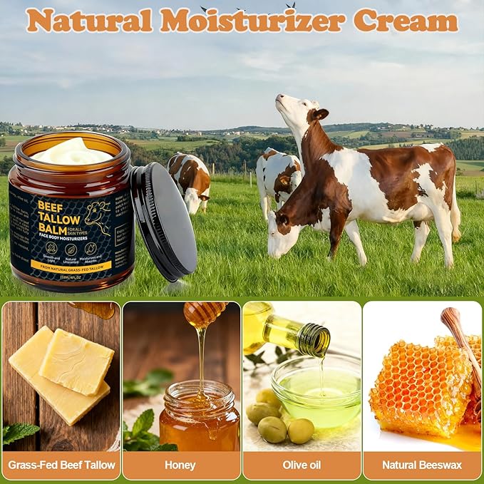 Beef Tallow for Skin, Natural Tallow Balm with Raw Honey and Beeswax for Face, Deep Nourishing Moisturizers, Grass-Fed Beef Tallow Cream for All Skin Types