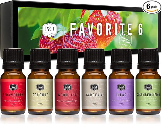 P&J Fragrance Oil Favorites Set | Strawberry, Coconut, Woodbine, Gardenia, Lilac, Cucumber Melon Scents for Candle Making, Soap Making Supplies, Diffuser Oils Scents