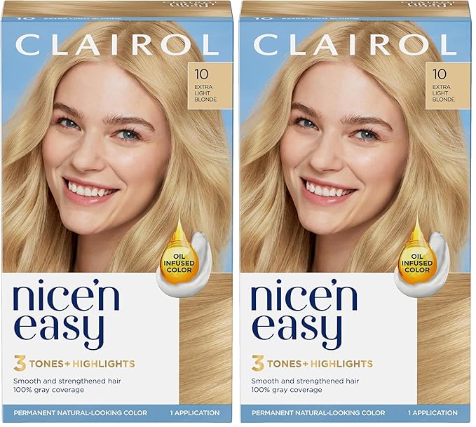 Clairol Nice'n Easy Permanent Hair Dye, 10 Extra Light Blonde Hair Color, Pack of 2