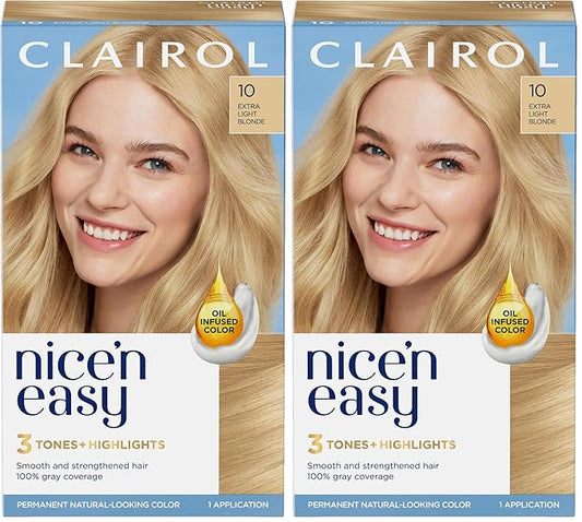 Clairol Nice'n Easy Permanent Hair Dye, 10 Extra Light Blonde Hair Color, Pack of 2