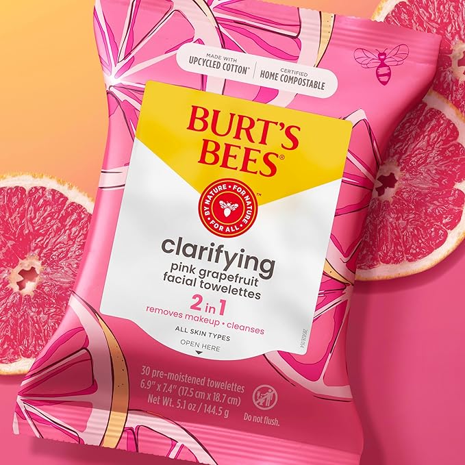 Burt's Bees Stocking Stuffers, Pink Grapefruit Face Wipes, for All Skin Types, Hydrating Makeup Remover & Facial Cleansing Towelettes, Skin Care Christmas Gifts, 30 Ct. (3-Pack)