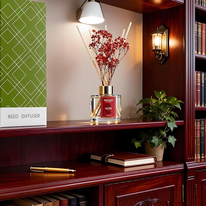 Reed Diffuser Set - 3.38 fl oz Rose Premium Scented Oil with Preserved Baby's Breath & Cotton 6 Sticks | Long-Lasting Aromatherapy for Home, Bedroom, Bathroom, Office Home Decor