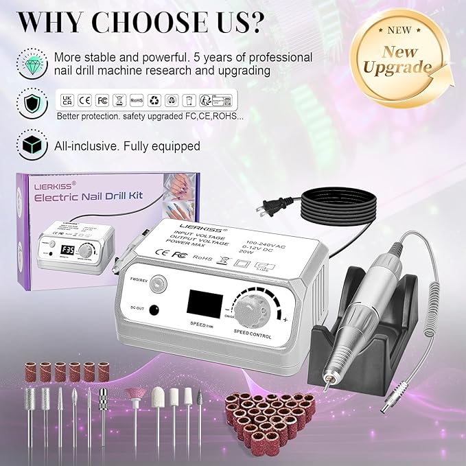 Professional Nail Drill 45000RPM Drill Nail Electric Nail File with Sanding Bands and Nail Drill Bits for Acrylic, Gel Nail Manicure & Pedicure, Gray