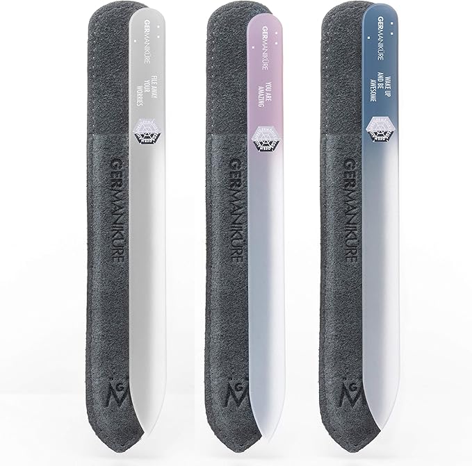 GERMANIKURE Czech Crystal Glass Nail File 3 Pack in Suede Sleeves - Professional Manicure & Pedicure Products for Smooth Easy Shaping of Natural Nails - Ideal Nail Care Gift