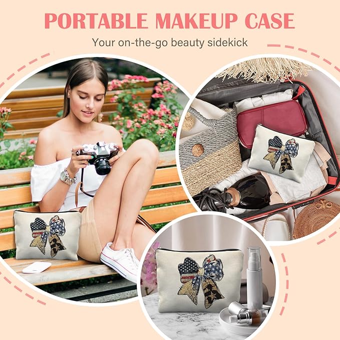 Retro American Flag Bow Makeup Bag for Women, Patriots Gifts for Women, Coquette Girly Patriotic Cosmetic Bag for Purse, American Flag Gifts Makeup Zipper Pouch